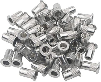 Alrens 100 tuercas de remache M8 de aleación de aluminio, tuercas de remache ciegas, tuercas avellanadas, tuercas de remache de cabeza plana, fijación para metal, acero, fibra de vidrio, plástico