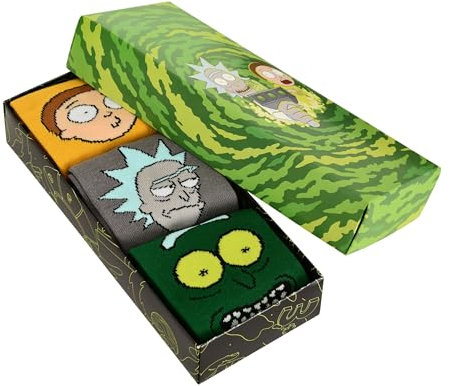 Elbenwald Rick and Morty Socken 3er Set für Herren Damen Unisex aus Baumwolle - Geschenkbox - Gelb Grün Grau - 36-39
