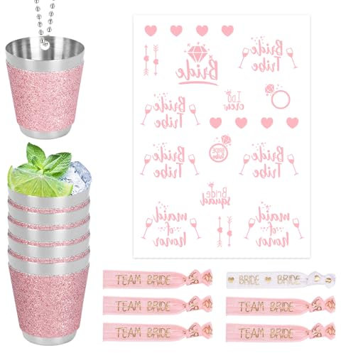 Disnace Stainless Steel Shot Glass, 30 ml Bling Glitter Cups with Chains Bracelets Stickers, Mini Wine Glasses Glitter for Wedding, Bachelorette Party, Christmas Carnival, Wine Tasting (Pink, 6 Pcs)