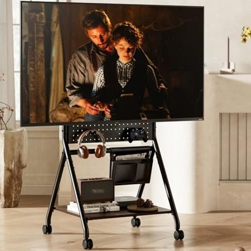 LYXWGRZD Mobile TV Stand, Mobile TV Cart for 43-86 Inch TVs, Height Adjustable Rolling TV Stand, Rolling TV Cart Up to 80kg, Floor TV Stand for Outdoor/Indoor Use