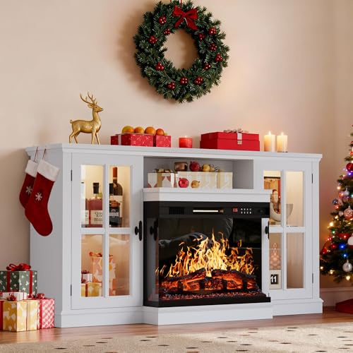 YESHOMY Glass Fireplace TV Stand for Televisions up to 65, Media Entertainment Center Console Table with Led Lights, White Wash