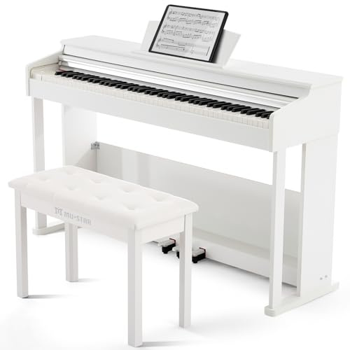 MUSTAR 88 Key Piano Keyboard Hammer Action Fully Weighted with Piano Bench | Digital Piano 88 Weighted Keys with Stool, Grand Piano Tone, 3-Pedal Unit, 800 Tones, 600 Rhythms, 80 Demo, USB/MIDI, White