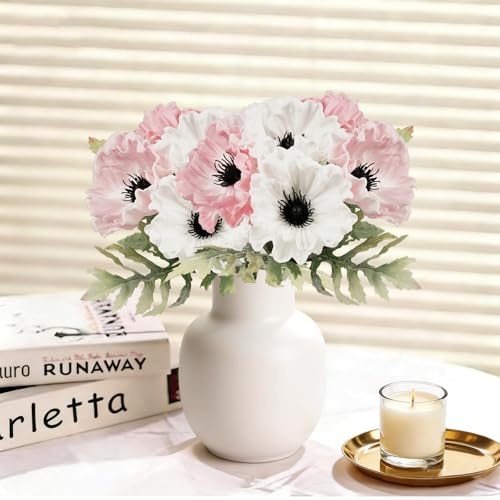 Fmaibay 12 Stück Künstlich Blumen Kunstblumen Wie Echt Realistische Blumen Mohn Künstliche Mohnblumen Real Touch Blumenstrauß Weiß Pink für Hochzeit Zuhause Party DIY Deko