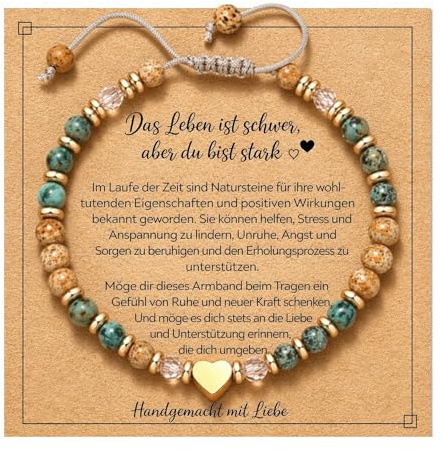 Naturstein Armband Damen mit Herz Anhänger – Damenarmband verstellbar als Freundschaftsarmband & Geschenk für Frauen, Kugel Armband Naturstein, Boho Schmuck Damen für Geburtstag & besondere Anlässe