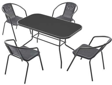 MAT-COMPANY Gartenmöbel Set 5 teilig Balkonmöbel Set mit 4 Stühlen und Tisch Polyrattan Bistro Set Balkon Terrasse Garten Sitzgruppe mit Glastisch Metallgestell Schwarz und Grau
