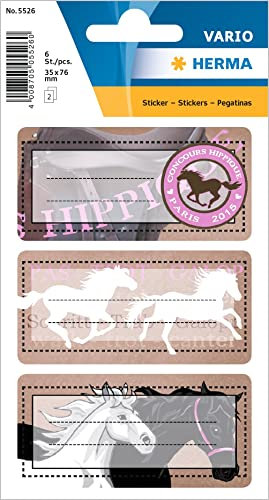 HERMA 5526 Buchetiketten zum Beschriften Pferde, 6 Stück, 76 x 35 mm, selbstklebend, liniert, Buchaufkleber für Schule Kinder Mädchen Jungen, mehrfarbige Heftetiketten Aufkleber, bunt