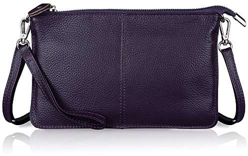 befen Genuine Leather Wristlet Clutch Wallet Purses Small Crossbody Bags Shoulder Handbag for Women, Silver Zipper, Purple Aubergine, S