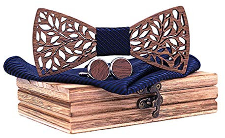 HZQIFEI Noeud Papillon en Bois Sculpté avec Broche à Fleurs + Mouchoir + Boutons de manchette en Bois pour Cadeau, Réception, Mariage (Style#11)