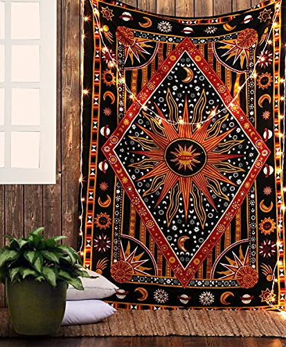 raajsee Sonne und Mond Wandteppich Mandala Golden, Boho Wand Deko Wandtuch, Aesthetic Room Décor Tapisserie,Wandbehang Tapestry 52x60 inch