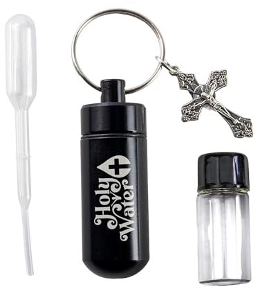 Catholic Holy Water Bottle, Black Keychain Container Kit with Plastic Eyedropper and Small Glass Vial with Screw Top Metal Keyring Holder with Crucifix Cross Pendant, Botellas Para Agua Bendita