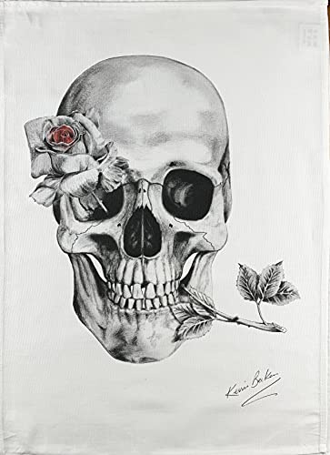 Half a Donkey Hand Drawn Skull Under the Rose Large Cotton Tea Towel