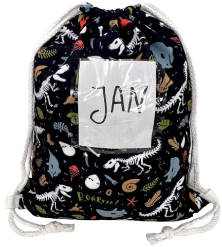 HECKBO Turnbeutel Mädchen Jungen mit Sichtfenster - Dino Dinosaurier Skelett - 40x32cm - Kindergarten, Kita, Krippe - Rucksack