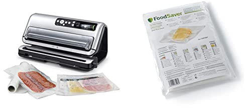 FoodSaver FFS006X-01 Envasadora al vacío, 125 W, Acero Inoxidable + Bolsas FoodSaver de envasado al vacío reutilizables precortadas | 48 bolsas de envasado al vacío precortadas (940 ml)