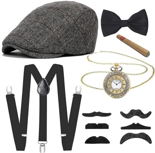 Meiruier 20er Jahre Kostüm Herren Accessoires, Mafia Kostüm Herren,Halloween Kostüm Party Herren mit Gangster Panamahut Taschenuhr Hosenträger Fliege Bärte Brille Karneval