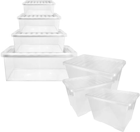 Useful Plastic Storage House Moving Container Boxes Sizes 12L, 20L, 27L, 32L, 55L & 80L for Garage, Bedroom, Living room - Multipurpose Plastic Storage Box (80 Litre, 5 Containers With Lids)