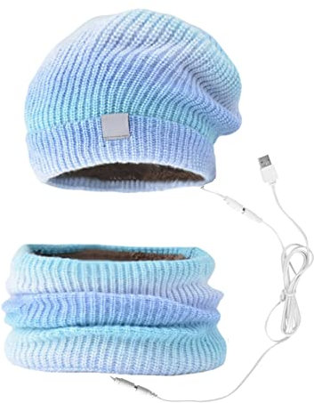 MoreChioce Beheizbare Beanie-Mütze und Nackenwärmer-Set, 2 in 1 5V Wintermütze Schal Set USB Wiederaufladbarer Elektrischer Nackenwärmer Beheizte Beanie-Mütze Strickmütze für Damen Herren,Blau