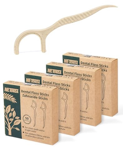 Netonda 200 Pezzi Filo Interdentale Sostenibile Filo Interdentale Vegano Senza Plastica per l'Igiene dei Denti, Filo Interdentale Naturale e Ecologico, 4 x 50 Pezzi