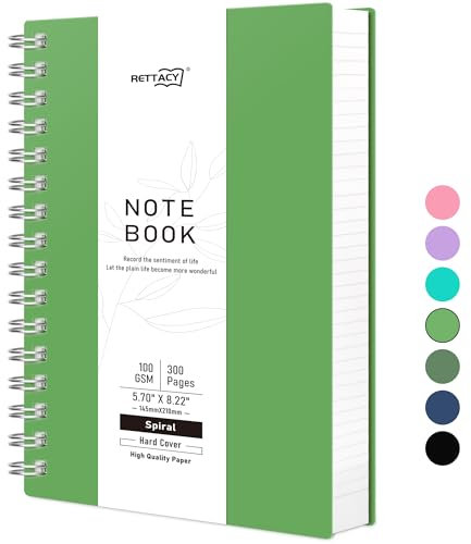 RETTACY Taccuino A5, rilegatura a spirale colorata, 150 fogli/300 pagine per scrivere, carta a righe da 100 g/m², copertina rigida in PVC, per donne e uomini, lavoro, ufficio, scuola, 14,5 x 21 cm,