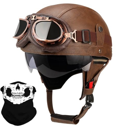 Motorradhelm im Deutschen Stil aus Leder, für Erwachsene, Herren und Damen, DOT-zugelassen, Vintage-Kappe, Halbgesichtsschale, Motorradhelme für Cruiser, Chopper + Brille (Braun, Größe L)