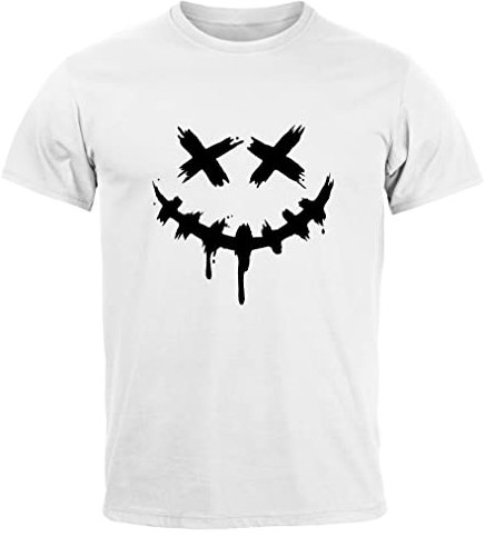 Neverless® Herren T-Shirt Bedruckt Techwear Fashion Streetstyle Smiling Face Smile Trend Print Aufdruck weiß M