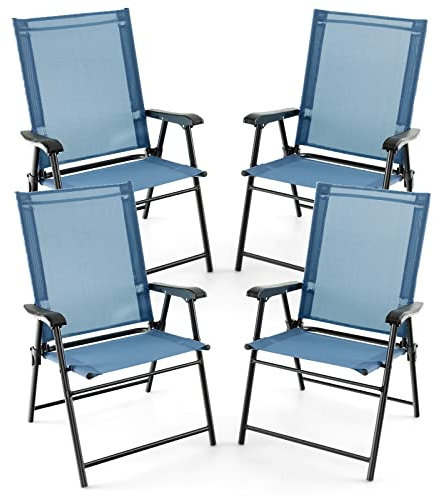 GIANTEX 4er Set Gartenstuhl klappbar, Klappstuhl Balkonstuhl, Terrassenstuhl mit hohen Rücken- & Armlehne, Garten Essstuhl wetterfest aus Metall & Textil, bis 150 kg belastbar (4, Blau)