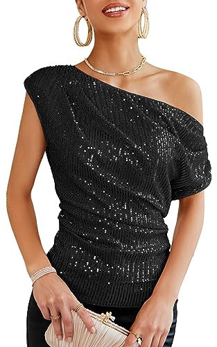 GRACE KARIN Damen Elegant Pailletten Top Glitzer Party Oberteil Festliche Blusen zur Hochzeit, Farbe: Schwarz, Größe: M