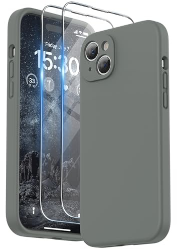 SURPHY Compatible with iPhone 15 Plus Case, Liquid Silicone Shockproof | [2 x Screen Protectors & 1 x Lanyard] Protection for Each Lens, Cover for iPhone 15 Plus 6.7, Space Grey