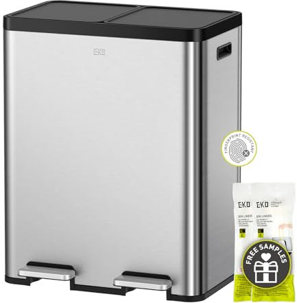EKO | Cubo de Basura Cocina Reciclaje 30L+30L con Doble Pedal | Papelera Acero Inoxidable Antihuella con Tapa de Resina Elegante | Cubos Separados para Reciclaje y Basura | Diseño Compacto