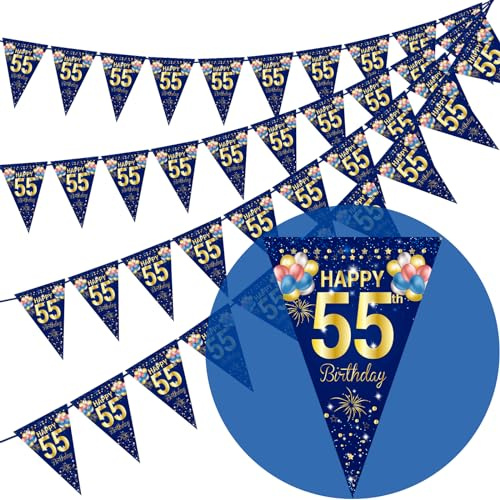KTFNOMES 40 Stück marineblaue Banner zum 55. Geburtstag – Dreiecksflaggen-Banner, 10 m x 18 cm, Gold-Glitzer, für drinnen und draußen