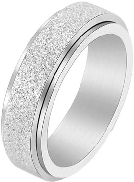 Whoiy Ringe Hochzeit Unisex Gravur, Edelstahl Sandstrahl Glitzer Ring 6MM Fidget Spinner Anti Angst Ringe Silberring Ausgefallene Trauringe Größe 54 (17.2)