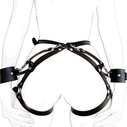 WENTPOL Damen Leder Sexy Bein Harness mit Handschellen Punk Body Geschirre Taille Bein käfigbetten Geschirr Caged Oberschenkel Holster Bondage Sexy Kostüme