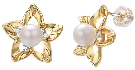Vogem Ohrringe Blumen Gold Vergoldete für Damen Perle Blume Studs Ohrringe Cubic Zirkonia 925 Sterling Silber Stud Exquisit Schmuck