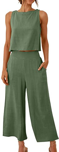 Generisch Coupons Zweiteiler Damen Hosenanzug Elegant Sommer Outfits Ärmelloses Tank Top Und Hose 2 Teiler Baumwolle Leinen Freizeitanzug Mit Taschen Frauen Leicht Einfarbig Lounge Set Armeegrün 5XL