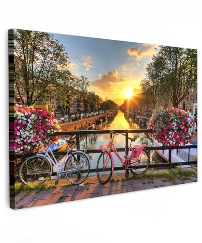 MuchoWow© Quadri Moderni Camera Da Letto 120x80 cm Foto Quadro Con Cornice Decorazioni Parete Soggiorno Stampa Su Tela Moderna Casa Salotto PosterAmsterdam - Tramonto - Ciclismo - Fiori - Canale