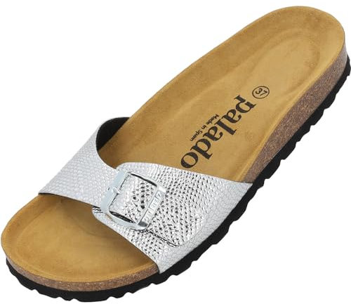 Palado Pantoletten Damen Malta Coralino – elegante Sandalen Made in Spain - bequeme Hausschuhe mit Kork-Fußbett - modische Sommerschuhe Silber UK8 - EU41