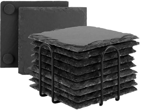 LDXDRU Lot de 12 dessous de verre carrés en ardoise - 10 cm - Noir - Avec support - Pour boissons, verre, tasses, bar