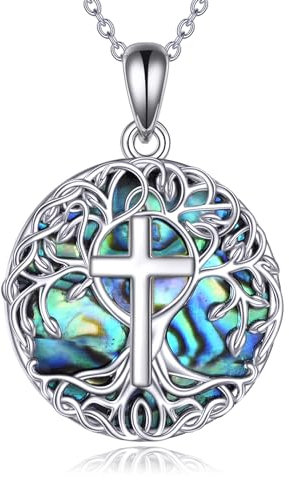 YFN Tree of Life Necklace Sterling Silver Religious Cross Pendant Abalone Shell Celtic Jewelry Gifts for Women Men