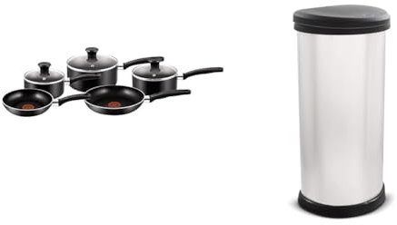 Tefal Essential, Aluminium Pots and Pans Set, 16 cm, 18 cm and 20 cm Saucepans with Lids & Curver Metal Effect 70% Recycled Kitchen One Touch Deco Bin, Silver, 40 litre