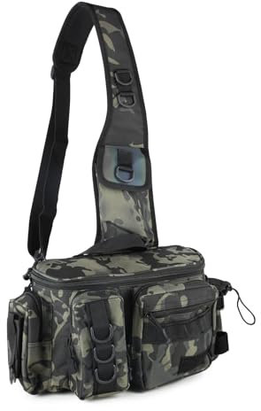 KoolYouth Angeltasche, Wasserdicht Sling Angeltaschen, 600D Nylon Angel Tasche mit Tragegriffe, Multi-Pocket Angelkoffer Angelausrüstungstasche für Angelzubehör (Tarnung)
