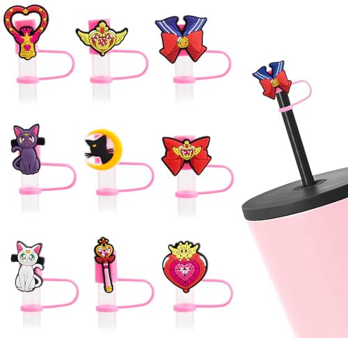 GTOTd Anime Moon Straw Cover Strohhalm Abdeckung (9 Stück 8-10 mm) Silikon Wiederverwendbare Trinkhalmkappen Deckel Staubdicht Strohhalmstecker Geschenke für Teenager Kinder