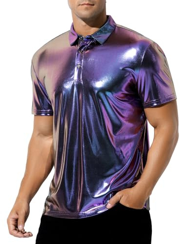 Casey Kevin Glitzer Hemd Herren 70er Jahre Outfit Herren Pailletten Oberteil Festival Outfit Shining kostüm Metallic Polo Shirts