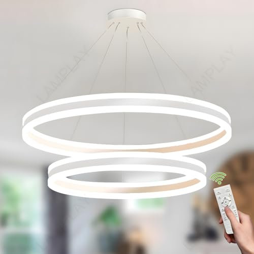 LAMPLAY Runde Moderne LED-Pendelleuchte, 2 Weiß Ring-Kronleuchter, Dimmbar Mit Fernbedienung 3000K-6000K Deckenleuchte, Höhenverstellbar, Foyer, Wohnzimmer, Schlafzimmer, Esszimmer(Ø80+100cm)