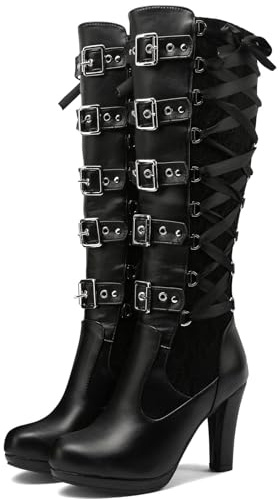 GUNIYIFS Kniehohe Stiefel für Damen, Spitze, Schnalle, hoher Absatz, kniehohe Stiefel, Schnürung, Punk, Plateau, Rücken, Reißverschluss, Reiten, Gothic, Kampfstiefel
