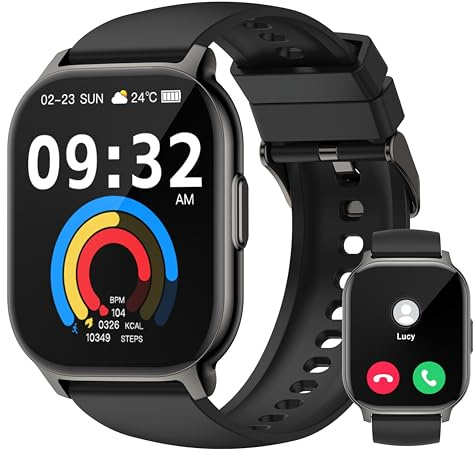 Vtkp Montre Connectée Homme Femme,2.1 HD Smartwatch avec Appel Bluetooth,110+ Sportifs, Fréquence Cardiaque,Podomètre Etanche IP68 Montre Intelligente pour Android iOS,Noir