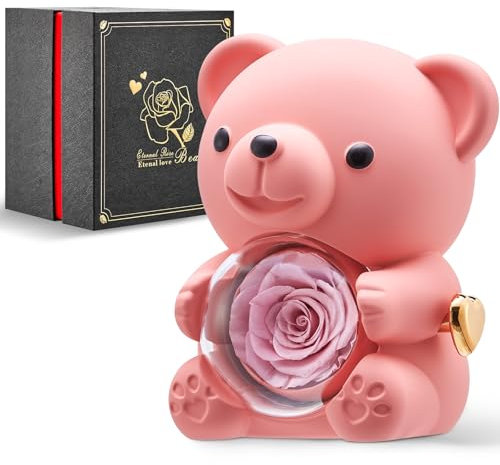 Mikasol Romantic Teddy Pink Bear with Preserved Rose - Real Rose in Elegant Black Gift Box for Valentine's Day, Anniversaries, Weddings, Bridal Showers, and Mother's Day