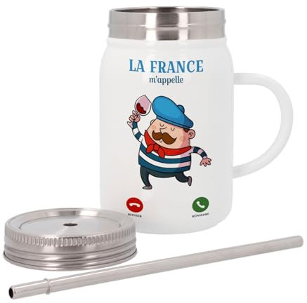 Mug Isotherme en Inox avec Couvercle et Paille - La France M'Appelle Cliché Vin Béret Humour - 500 ml - Tasse Thermo