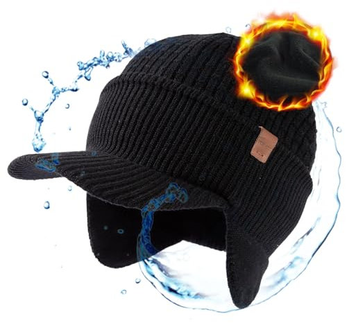 TOP-EX DryKnit™ Unisex Waterproof Winter 50% Merinowolle Strickmütze mit Visier und Ohrenklappen, Warm Fleece Lining, Ideal for Cold Weather and Outdoor Sports Schwarz XL/XXL