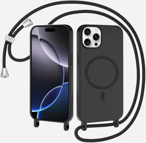 xinyunew Coque Magnétique pour iPhone 11 Pro Max avec Cordon, Compatible avec MagSafe Collier Étui Silicone Liquide avec Tour de Cou Lanière en Corde Souple TPU Antichoc Housse,Noir