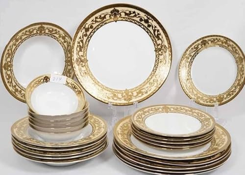 Vajilla de porcelana con borde dorado, diseño barroco, 24 piezas, blanco y dorado
