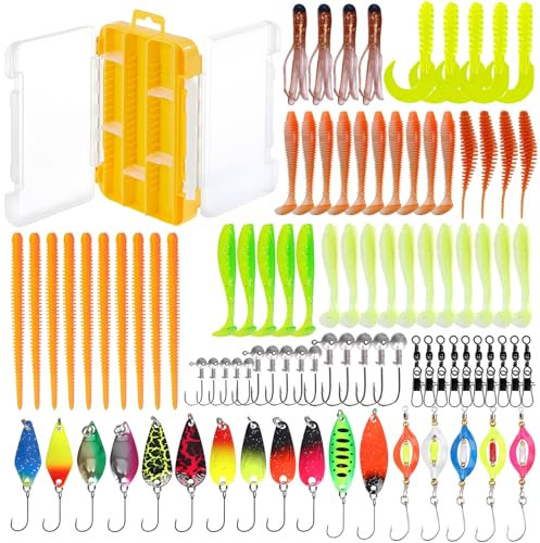 100 Stück Forellen Spoon Set, Kunstköder Spinner Blinker Set, Forellenköder Spoons Set, 1.75g/2.5g/3.5g Angelzubehör mit Aufbewahrungsbox für Forelle Barsch Hecht Zander